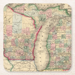 Michigan Wisconsin karta av Mitchell Underlägg Papper Kvadrat