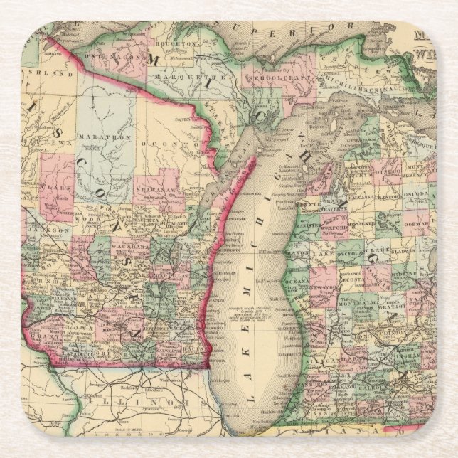 Michigan Wisconsin karta av Mitchell Underlägg Papper Kvadrat (Framsidan)