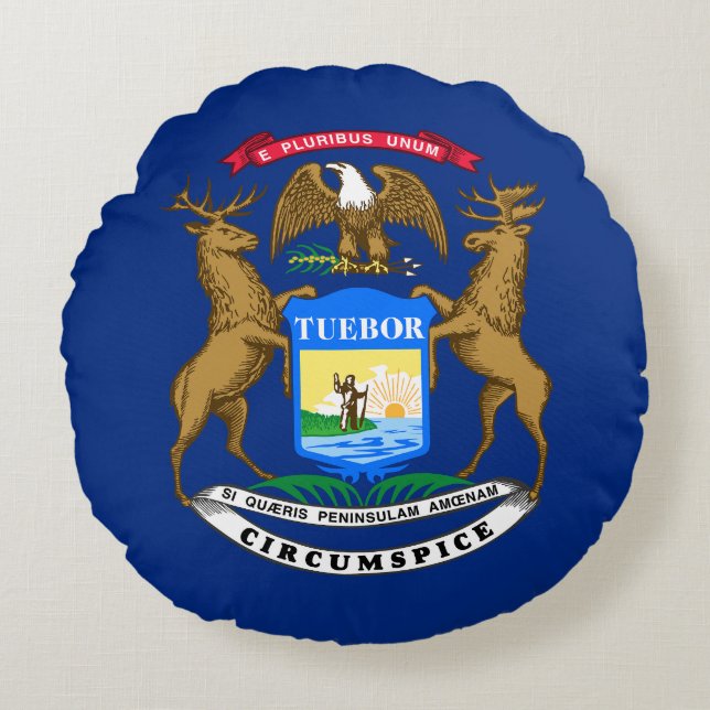 Michigans delstatsflagga rund kudde (Framsidan)