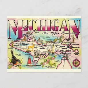 Michigans övre halvö karta vykort