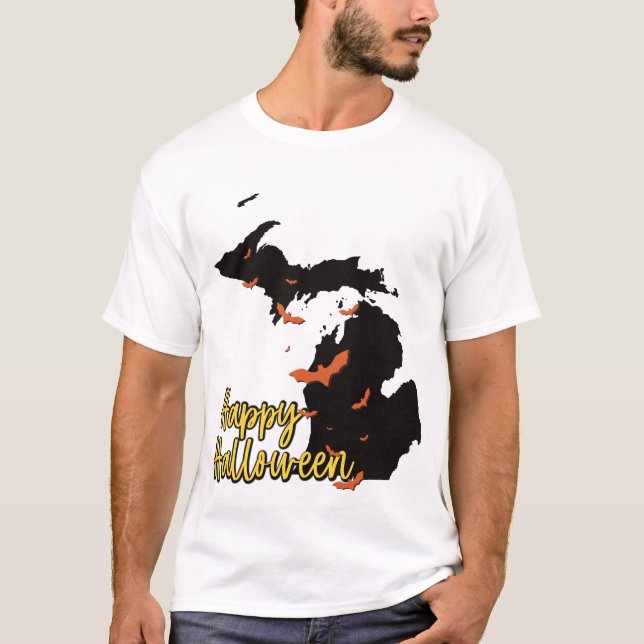 Michiganstaten Karta Happy halloween Fladdermus T Shirt (Framsida)