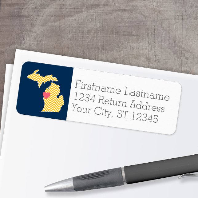 Michiganstaten Karta med Anpassningsbar Kärlek Hea Returadress Etikett (Personalized Mailing Label with Return Address and State Map - Low Minimum)