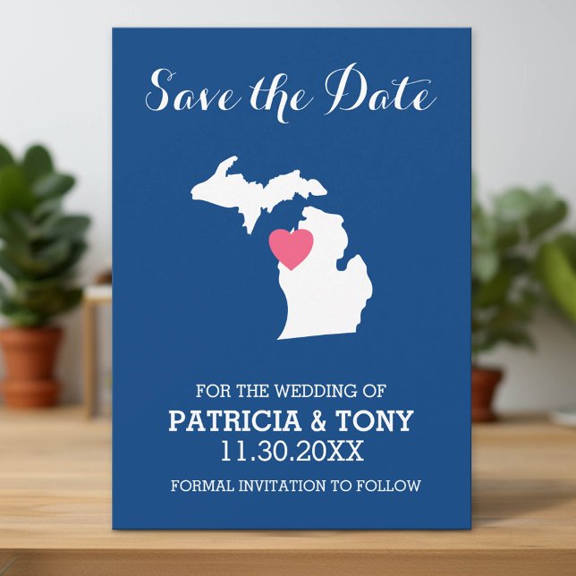 Michiganstaten Karta med Anpassningsbar Kärlek Hea Spara Datumet (Custom Save the Date Invitation with Download Option)