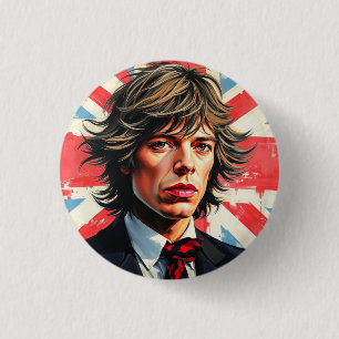 Mick Jagger Rolling Stones framför en Union Jac Knapp