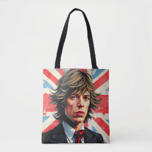 Mick Jagger Rolling Stones framför en Union Jac Tygkasse
