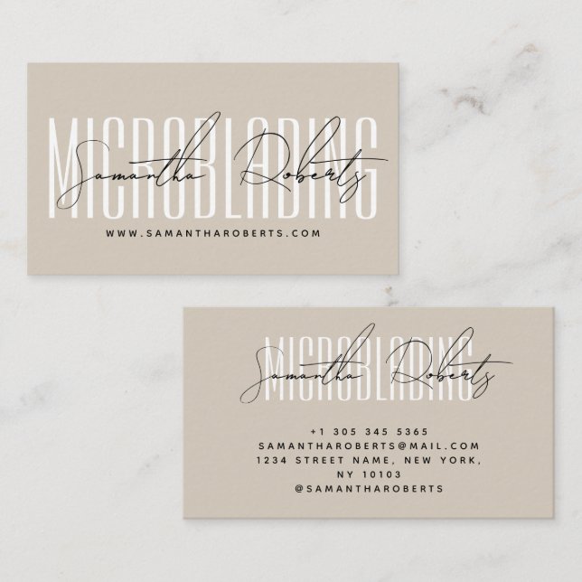 Microblading modern typography script beige visitkort (Fram/baksida)