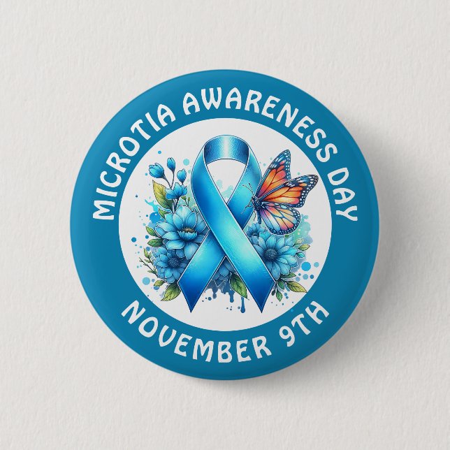 Microtia Blue Awareness Day Ribbon and Butterfly Knapp (Framsida)