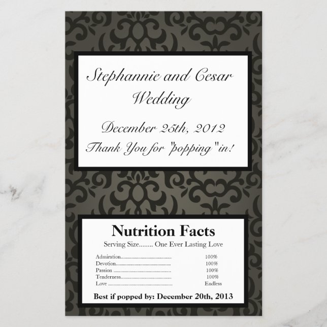 Microwave Popcorn Wrapper Black och Grått Damask Flygblad (Framsidan)