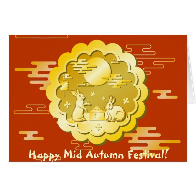 Mid Autumn Festival Guld Moonkaka Måne Rabbit Hälsningskort (Framsidan Horizontal)
