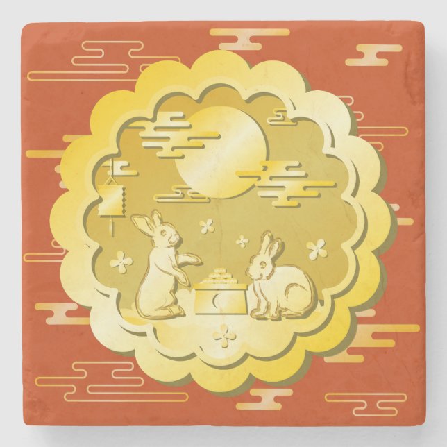 Mid Autumn Festival Guld Moonkaka Måne Rabbit Stenunderlägg (Framsidan)