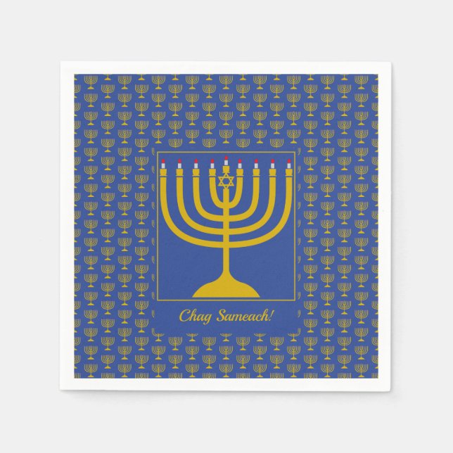 Mid Blue-Anpassade | Chanukah | MENORAH Pappersservett (Framsidan)