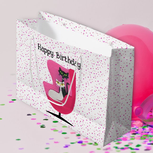 Mid Centres födelsedag Katter i Rosa Ordförande po (Two pretty atomic cats in pink chair on white with pink dots Happy Birthday gift bag.)
