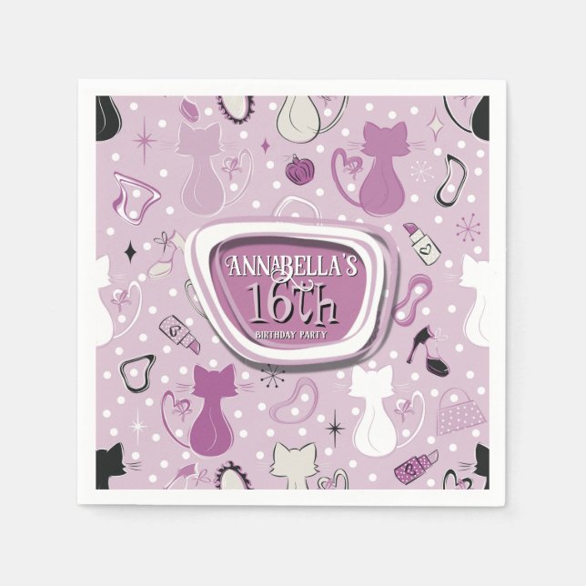 Mid Centres Lila Heart Cats Birthday Pappersservett (Framsidan)