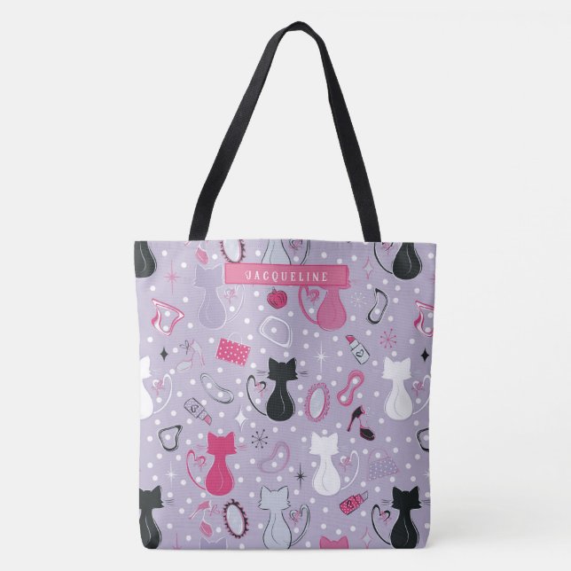 Mid Centres Lila Heart Cats Tygkasse (Framsida)