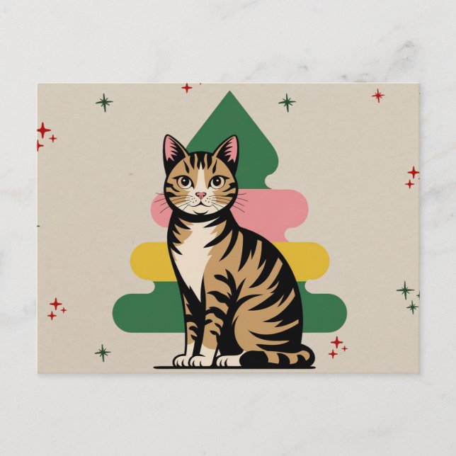 Mid Centres Modern julkatt med Pastel Träd Vykort (Framsida)