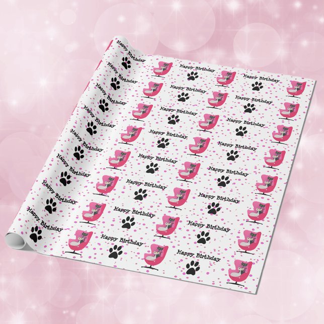 Mid Centres Stil Birthday Cats Rosa Ordförande Dot Presentpapper (Mid century style cats pink chair black cat paw prints on white pink dotted roll Birthday gift wrap.)