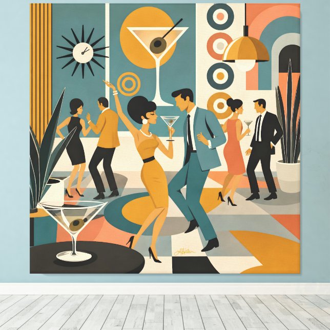 Mid Century 60-tal Hip Martini Cocktail Dansfest Canvastryck (Insitu (trägolv))