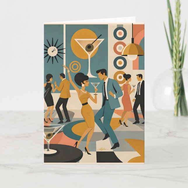 Mid Century 60-tal Hip Martini Cocktail Dansfest Kort (Framsida)