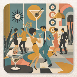 Mid Century 60-tal Hip Martini Cocktail Dansfest Underlägg Papper Kvadrat