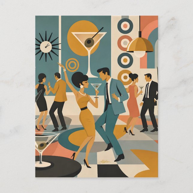 Mid Century 60-tal Hip Martini Cocktail Dansfest Vykort (Framsida)