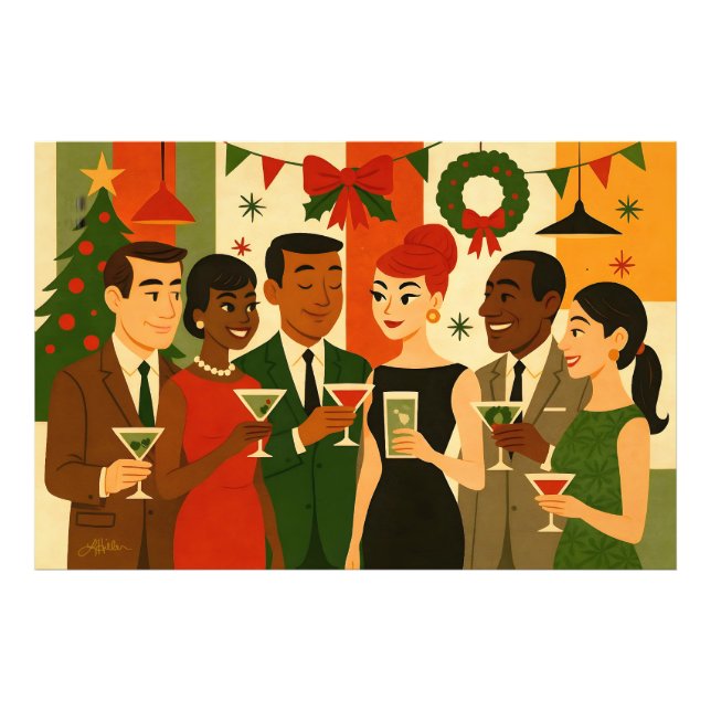 Mid Century 60s Christmas Office Cocktail Party Fototryck (Framsidan)