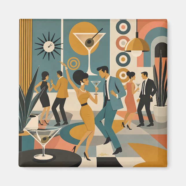 Mid Century 60s Hip Martini Cocktail Dansfest Magnet (Framsidan)