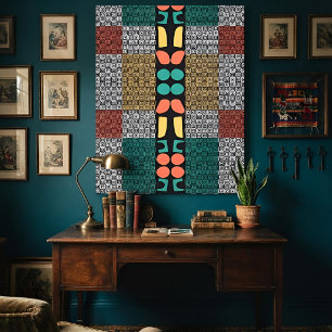 Mid-Century Abstrakt Modern Geometrisk Teal & Ocke Canvastryck