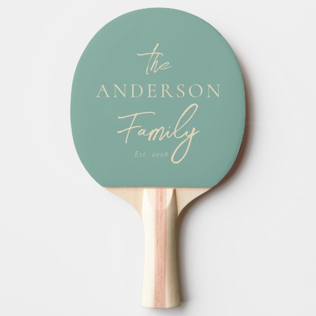 Mid-Century Aqua Rev Handskriven Familjenamn Pingisracket (Framsidan)