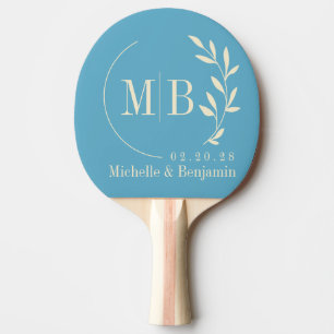 Mid-Century Aqua Sky Leaf Bröllopsmonogram Pingisracket