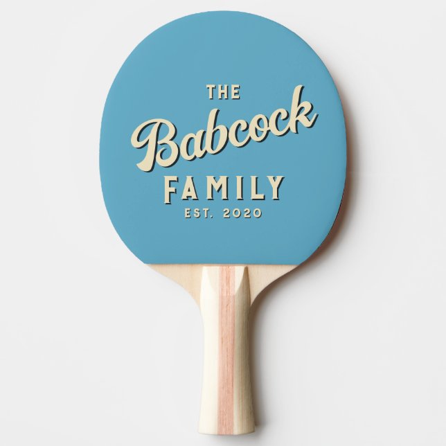 Mid-Century Aqua Sky Retro Familjenamn & År Pingisracket (Framsidan)