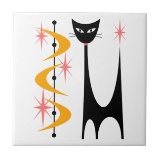 Mid Century Atomic Cat med Gult Boomerangs Tile Kakelplatta