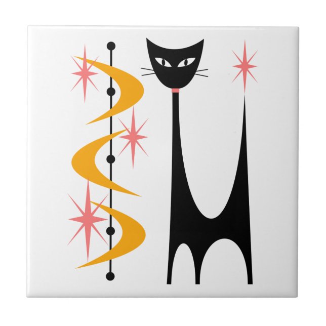 Mid Century Atomic Cat med Gult Boomerangs Tile Kakelplatta (Framsidan)