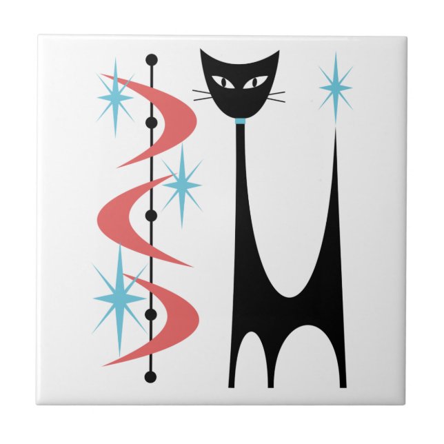 Mid Century Atomic Cat med Rosa Boomerangs Tile Kakelplatta (Framsidan)