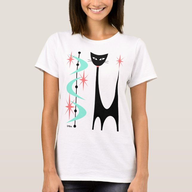 Mid Century Atomic Cat with Aqua Boomerangs T Shirt (Framsida)