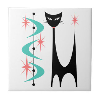 Mid Century Atomic Cat with Aqua Boomerangs Tile Kakelplatta