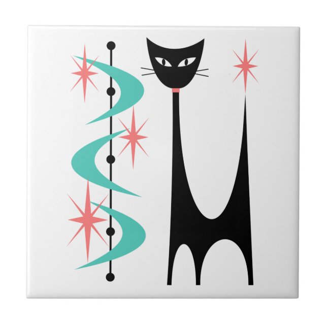 Mid Century Atomic Cat with Aqua Boomerangs Tile Kakelplatta (Framsidan)