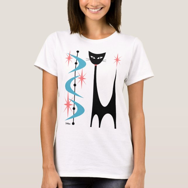 Mid Century Atomic Cat with Blue Boomerangs T Shirt (Framsida)