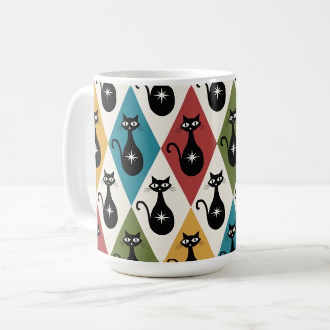 Mid Century Atomic cats on Harlequin diamonds  Kaffemugg (Framsida vänster)