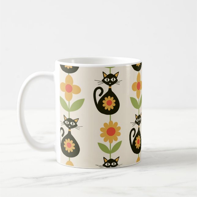 Mid Century Atomic Cats with Retro Orange flowers  Kaffemugg (Vänster)
