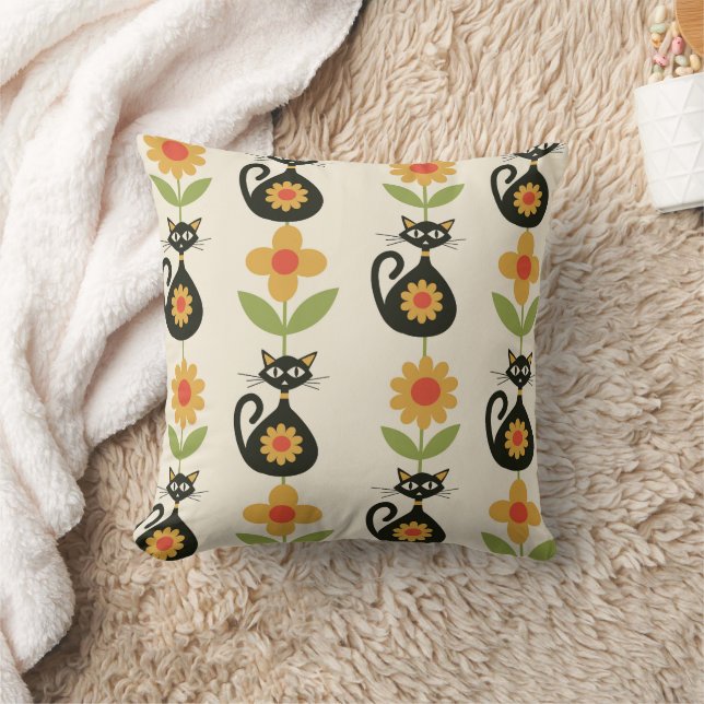 Mid Century Atomic Cats with Retro Orange flowers  Kudde (Filt)