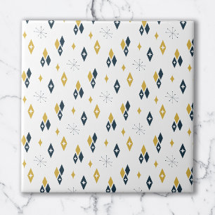 Mid Century Atomic Diamonds Starburst Navy Mustard Kakelplatta