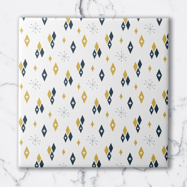 Mid Century Atomic Diamonds Starburst Navy Mustard Kakelplatta (Skapare uppladdad)