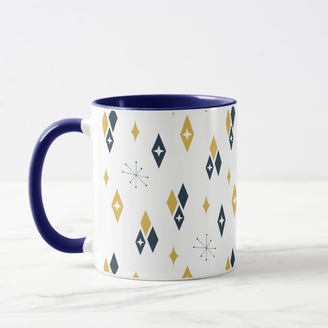 Mid Century Atomic Diamonds Starburst Navy Mustard Mugg (Vänster)