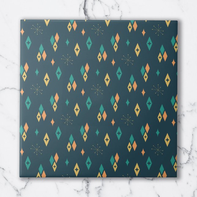 Mid Century Atomic Diamonds Starburst Teal, Gult Kakelplatta (Skapare uppladdad)