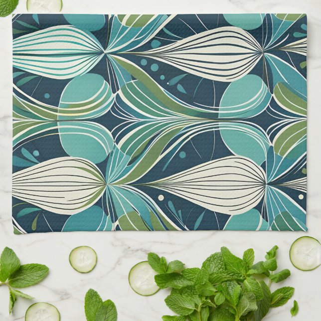 Mid Century Atomic Drocks Blue Grönt Mönster Kökshandduk (Vikta)