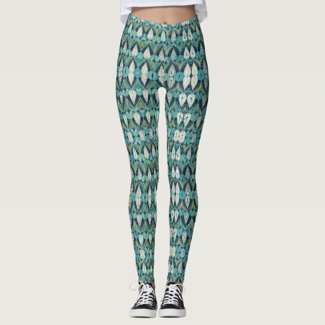 Mid Century Atomic Drocks Blue Grönt Mönster Leggings (Framsida)