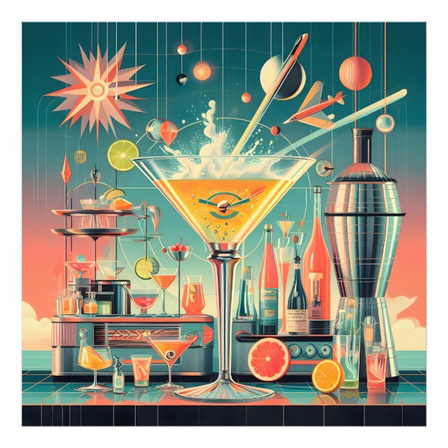 Mid Century Atomic Futuristic Citrus Martini Bar Fototryck (Framsidan)