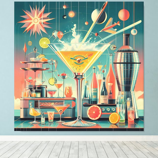 Mid Century Atomic Futuristisk Citrus Martini Bar Canvastryck (Insitu (trägolv))