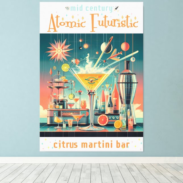 Mid Century Atomic Futuristiska Citrus Martini Pub Canvastryck (Insitu (trägolv))