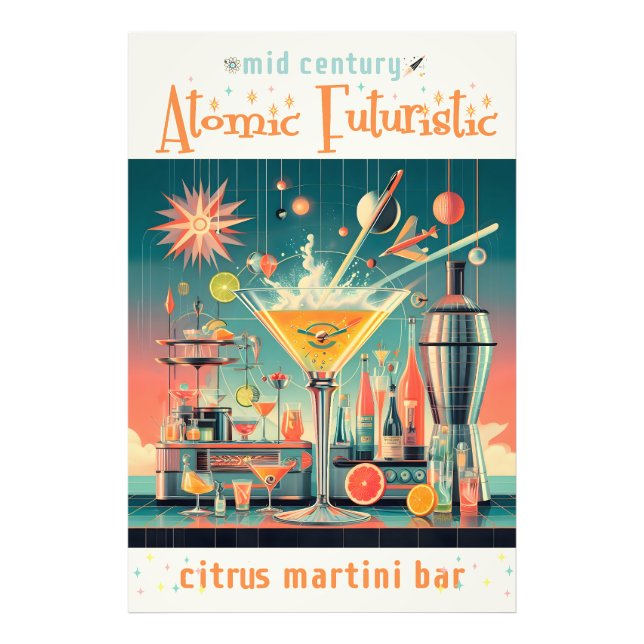 Mid Century Atomic Futuristiska Citrus Martini Pub Fototryck (Framsidan)